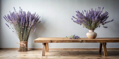 Fototapeta premium Rustic wooden bench displays two lavender bouquets, one in a vase and one tied
