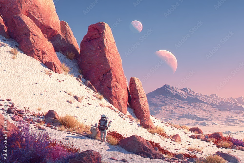 Poster surreal landscape with a robot and three moons in a colorful sky.