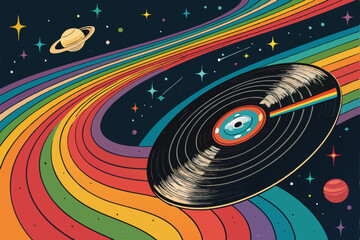 Obraz premium Create a hyper-realistic, ultra-saturated vector illustration of a cosmic vinyl record, swirling nebulae replacing grooves, stars as labels.