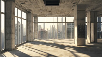Obraz premium Empty Concrete Office Space with City View