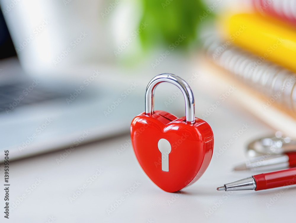Poster a red heart-shaped padlock with a pen and notebook in the background representing data privacy pract