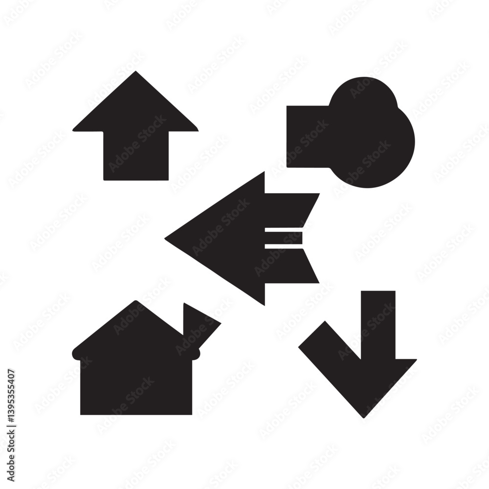 Poster a set of black filled arrow icons in a silhouette style. there are right-pointing, left-pointing, up