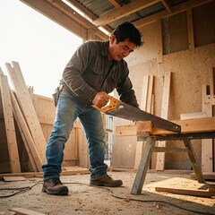A carpenter uses a hand saw to cut wood in a sunlit workshop, with sawdust in the air and a focus on craftsmanship.
