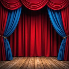Red & blue velvet curtains frame aged wooden circus stage , wood, illustration, circus