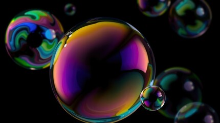 Colorful, iridescent bubbles against a black background.  Detailed, vibrant sphere reflections