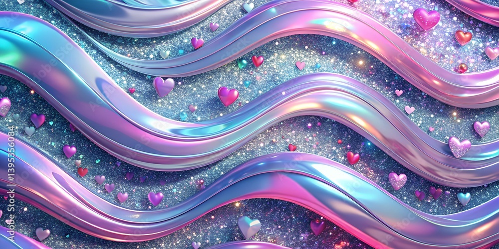 Poster dynamic abstract holographic waves create a colorful and vibrant digital landscape with heart detail
