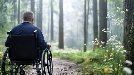 Obraz premium Man in Wheelchair Enjoying Nature Walk in Tranquil Forest