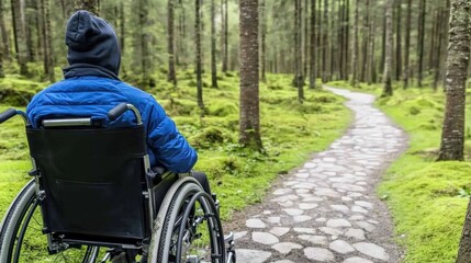 Fototapeta premium Person in wheelchair exploring serene forest pathway