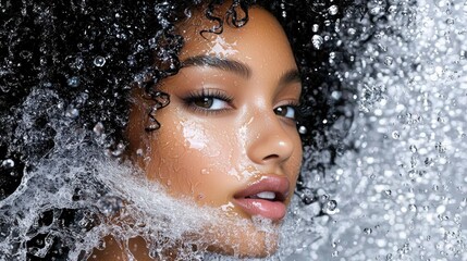 A close-up portrait of a young woman with curly hair, surrounded by splashes of water, capturing a moment of beauty and freshness.