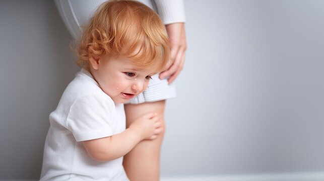 Crying toddler clings to adult's leg, showing fear, confusion, and emotional insecurity during early childhood crisis. Parenting support and attachment concept. Generative AI.