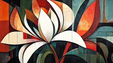 Abstract floral art with geometric shapes and bold colors on a textured background.