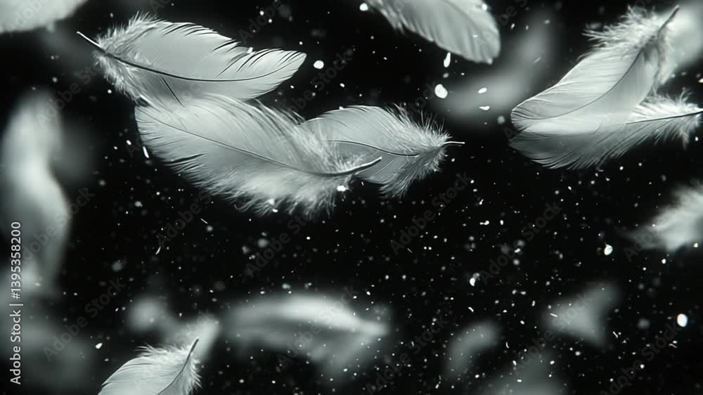 Poster soft feathers drifting in the air. delicate feathers float through the air, creating a serene atmosp