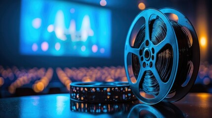 A high-quality shot of an old film reel on a dark surface with a distant movie screen.