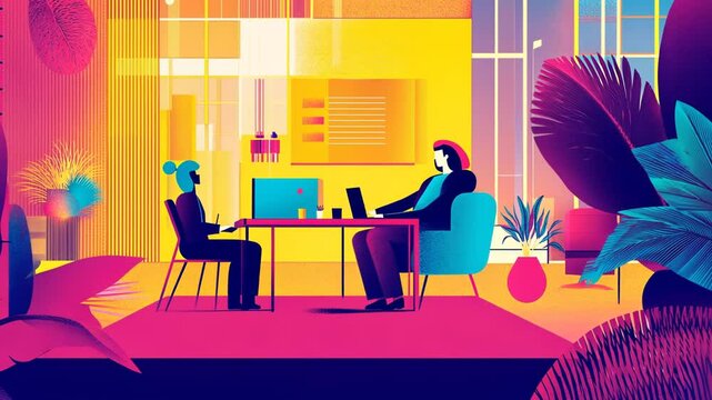 Romantic Couple Silhouette in Fashionable Cafe Illustration with Coffee and Computer