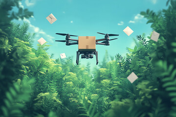 Drone Delivery Over Lush Green Forest With Floating Envelopes Concept Illustration