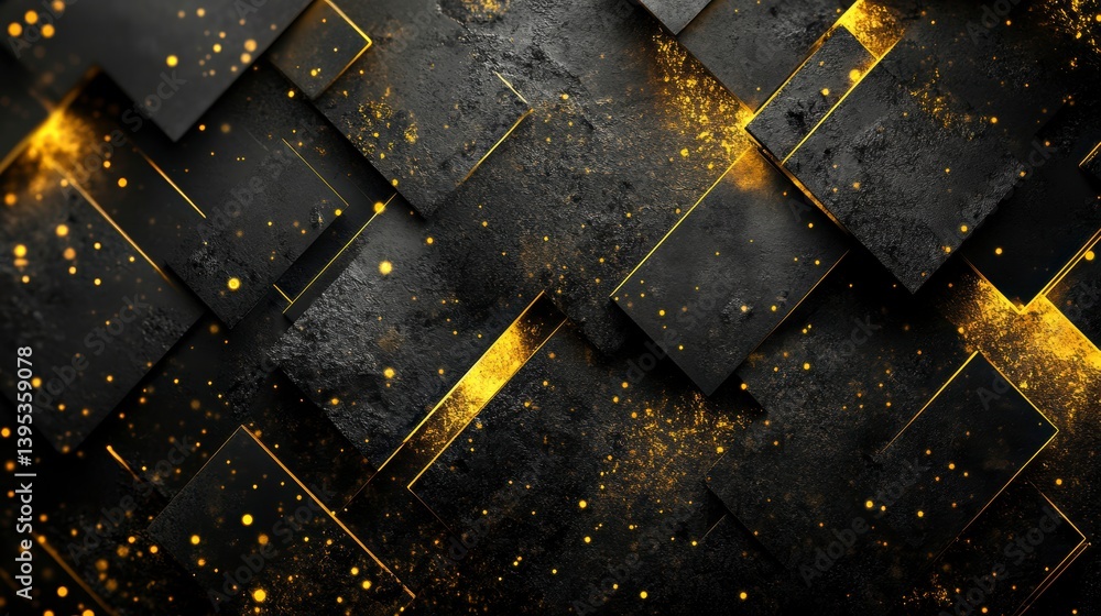 Poster abstract black and gold geometric texture with glowing particles.