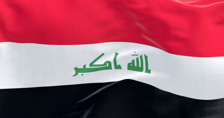 Flag of Iraq with Arabic calligraphy waving in wind, 3D render