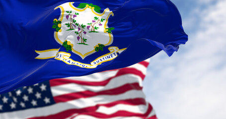 Connecticut state flag waving with American flag in background, 3D render
