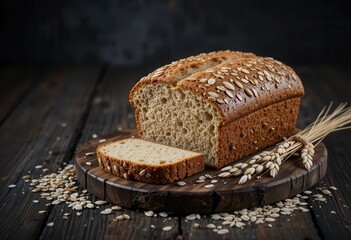  Moody food photography featuring a wholesome loaf accompanied by oats, conveying a sense of rustic charm and healthy eating.