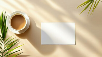 A tranquil coffee scene with a cup, blank card, and green leaves, illuminated by soft sunlight.