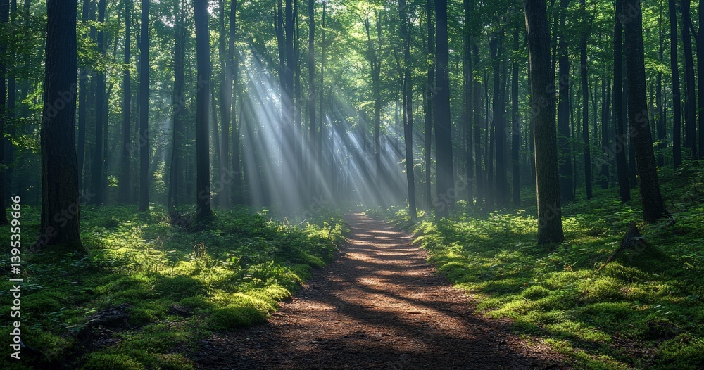 Aufkleber Sunlight filtering through trees illuminating forest path