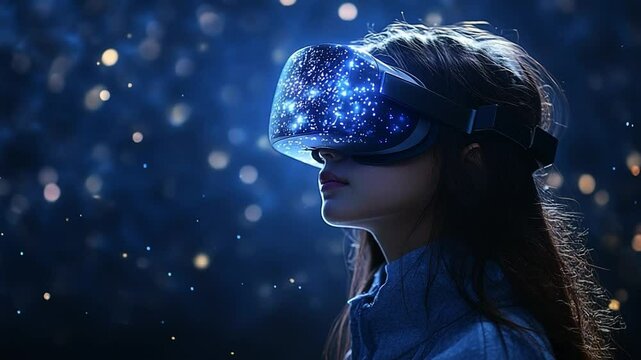 Immersive tech in virtual worlds. A young woman uses a VR headset, exploring a vibrant digital universe full of stars and lights.