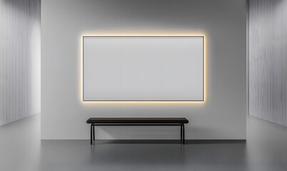 Modern Minimalist Interior with Illuminated Frame, Sleek Black Bench, and Potted Plant in a Stylish Space Featuring Textured Walls and Elegant Home Deco