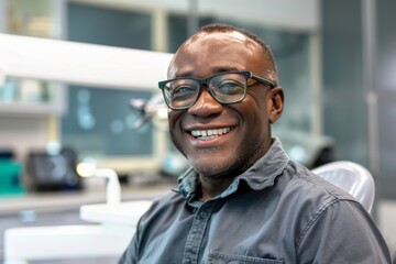 Obraz premium Smiling middle aged African dentist in a modern dentists office portrait