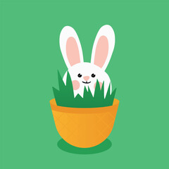 Illusion-flat for Easter holiday.  Easter bunny in a basket. Cute bunny hiding in a basket. Basket with treats.