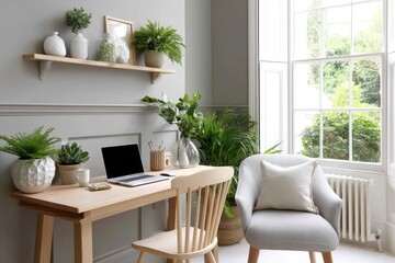 Fototapeta premium A cozy home office with a wooden desk, plants, and a MacBook open