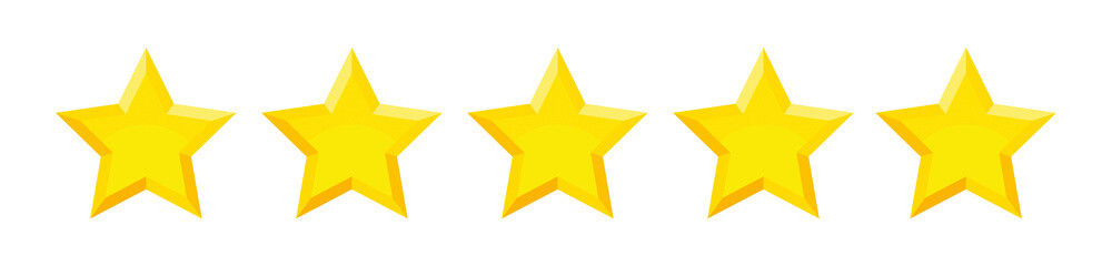 Five star review rating icons isolated. Clipart. Five stars customer product rating review. 3d five gold stars. PNG with transparent background. Flat lay. Clipping path