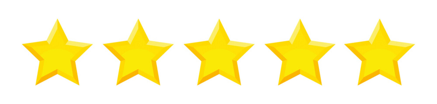 Five star review rating icons isolated. Clipart. Five stars customer product rating review. 3d five gold stars. PNG with transparent background. Flat lay. Clipping path