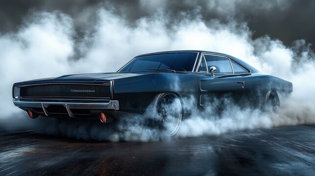 Fototapeta Dark muscle car drifting in smoke