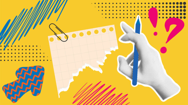 Contemporary collage to make notes. Bright yellow banner with hand holding pen, paper torn scrap and scribbles. Halftone effect elements, vector graphics