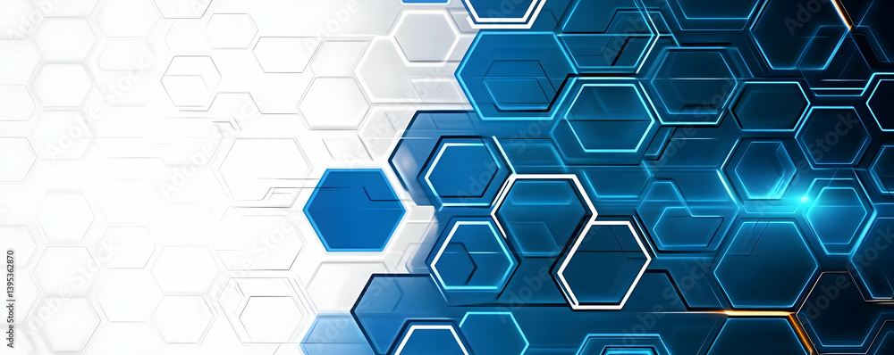 Poster abstract hexagonal pattern in blue and white, representing modern technology and innovation, perfect