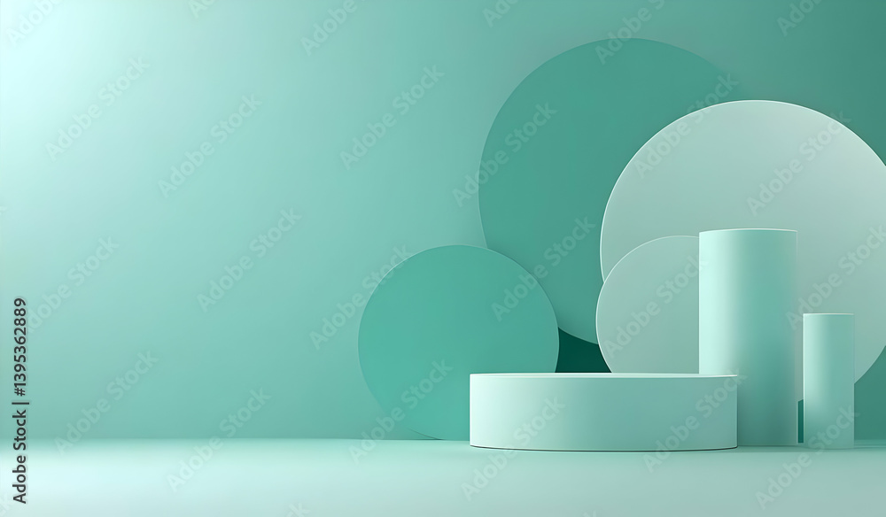 Poster abstract minimalistic scene with soft teal tones and geometric shapes providing a modern, clean aest