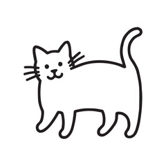 A delightful black and white line art illustration of a cat lounging and standing upright. The thick black lines and bold outlines create a simple yet engaging design