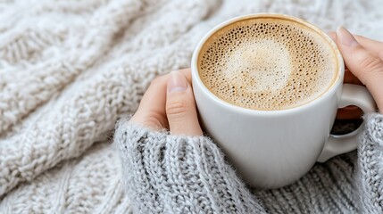 Cozy Hands Holding a Warm Coffee Mug with Soft Knitted Sweater