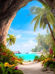 Fototapeta premium Exotic flowers frame a sandy path leading from a cave to a beautiful tropical beach with turquoise water and palm trees