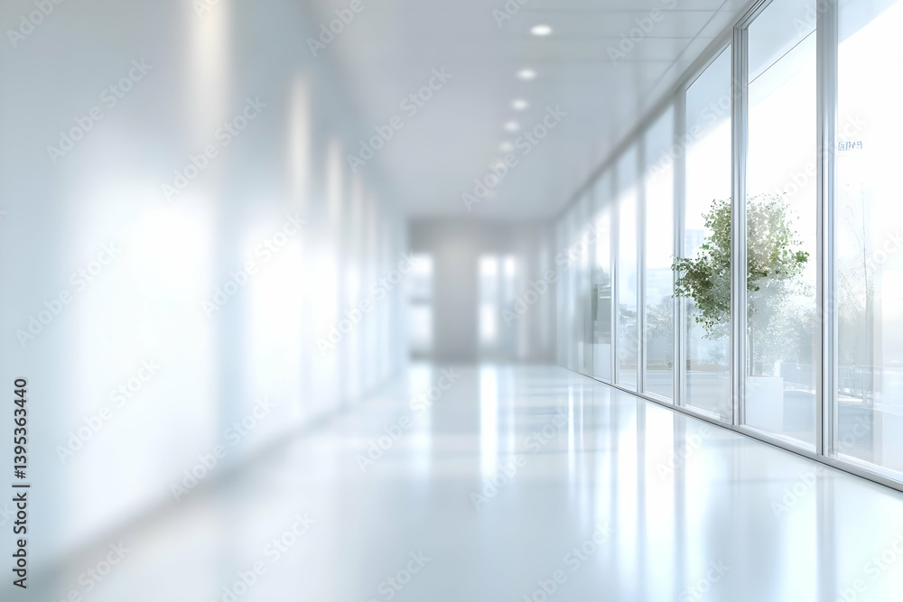 Poster a modern hallway with large glass windows and bright lighting, creating a clean and spacious environ