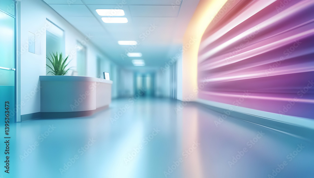 Poster a modern hospital corridor with soft lighting and clean lines, creating a tranquil environment for p