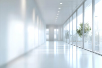 Fototapeta premium A modern hallway with large glass windows and bright lighting, creating a clean and spacious environment for relaxation and reflection.