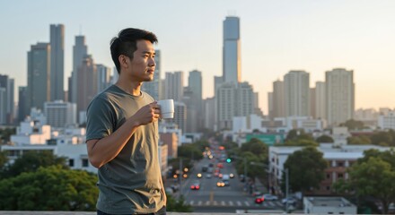 Young man enjoying coffee while gazing at city skyline  