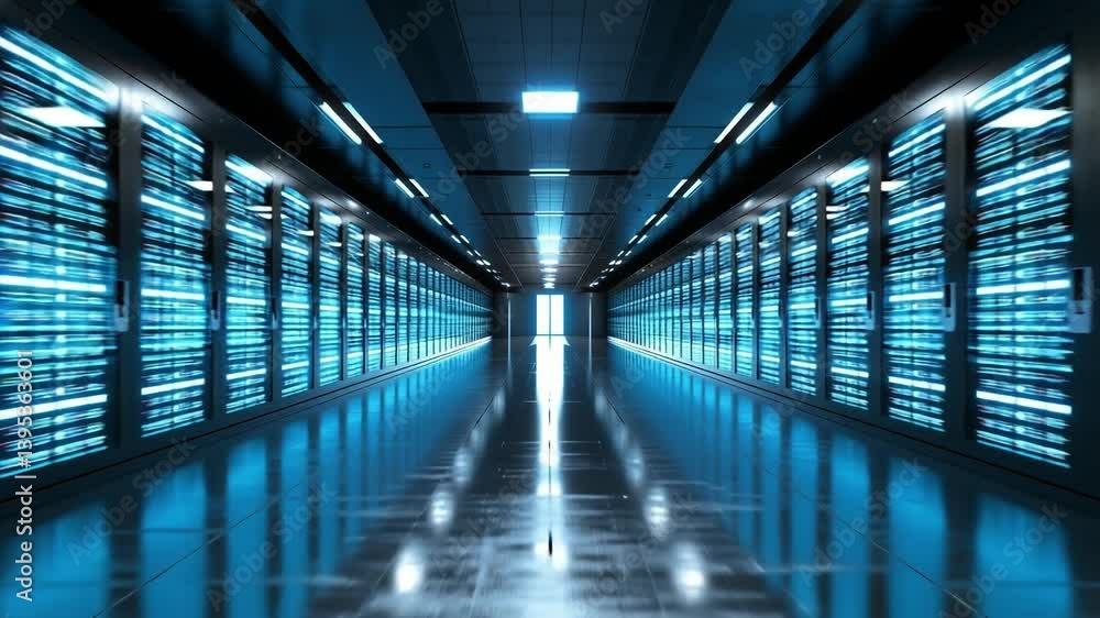Poster lit servers in tech center. a modern data center showcases bright servers in a sleek corridor, highl