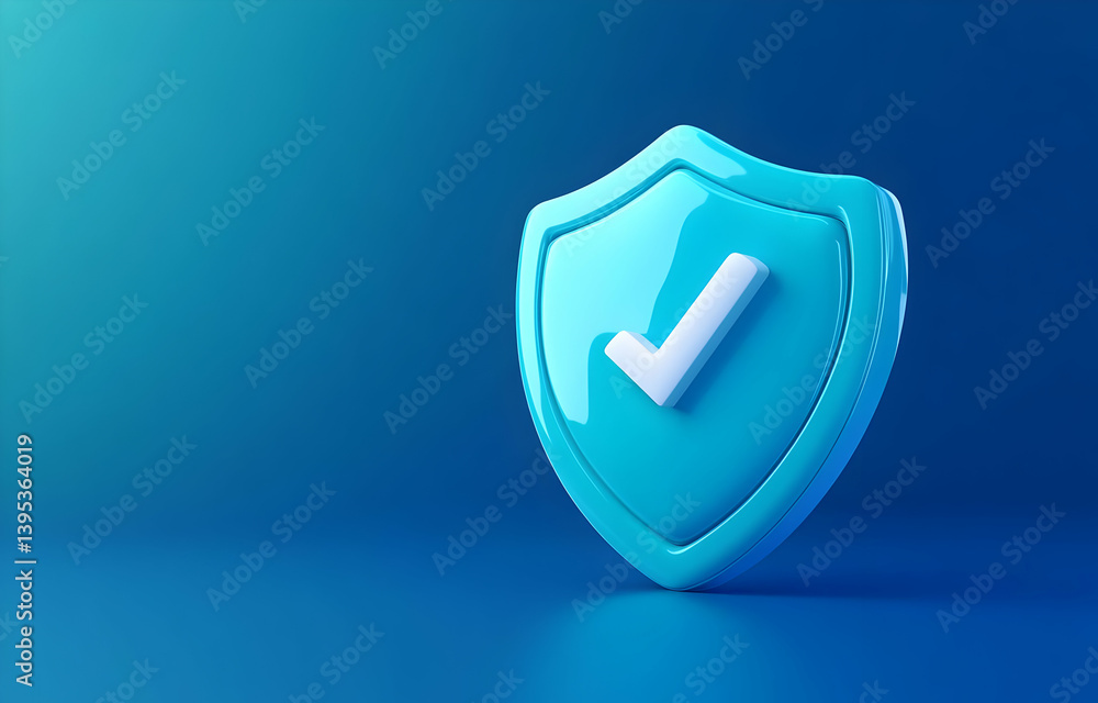 Poster a modern shield icon with a checkmark, symbolizing security and trust in digital environments.