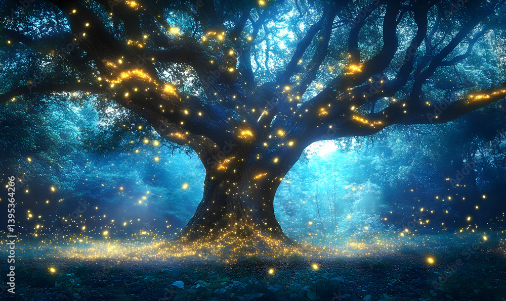 Poster a mystical tree glowing with fireflies in a serene forest, creating an enchanting atmosphere filled 
