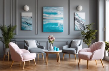 a gray wall with pink and blue accents in an elegant living room interior, featuring modern chairs around the table and pastel-colored artwork on it