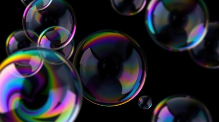 Colorful soap bubbles in motion against a black backdrop.  Displaying iridescent hues and...