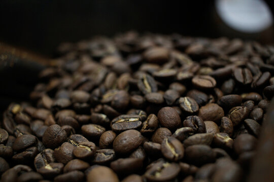 Roasted coffee beans in pan