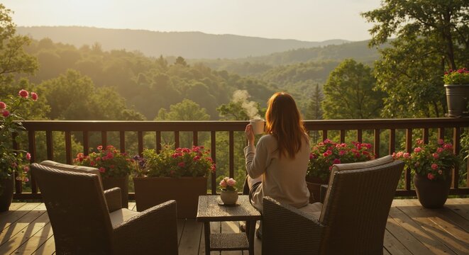 Woman enjoying morning coffee on balcony with scenic view  
